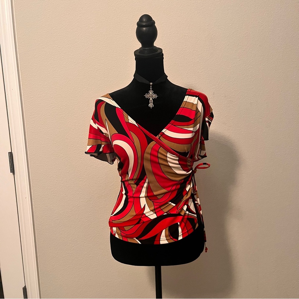 A. Byer Red and Brown Swirl Blouse